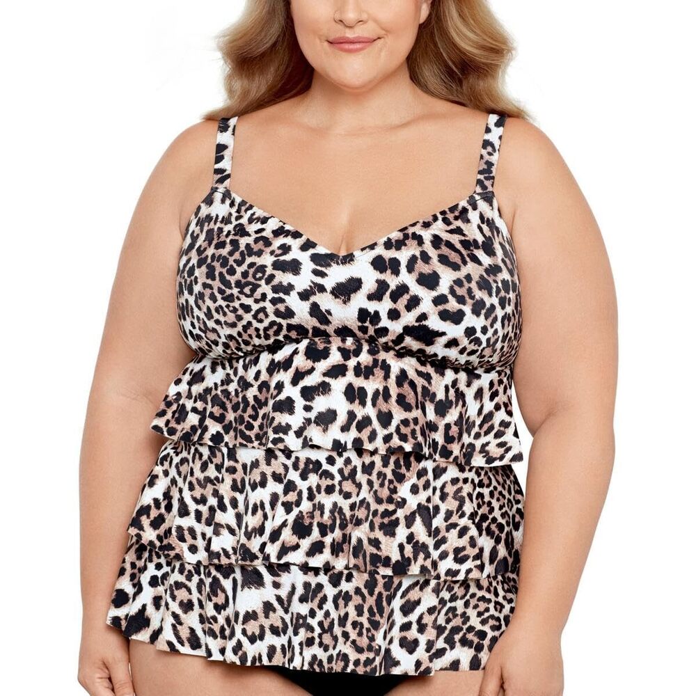 Swim Solutions Women's Beige Animal Printed Tierd Tankini Swim Top Tan 18W NWT